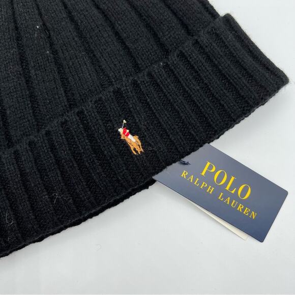 Polo Ralph Lauren Black Wool Blend Ribbed Beanie Hat Unisex One Size - Picture 2 of 4